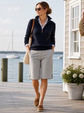 Bermuda shorts grey/white stripe 10 cuffs button pockets coastal nautical preppy